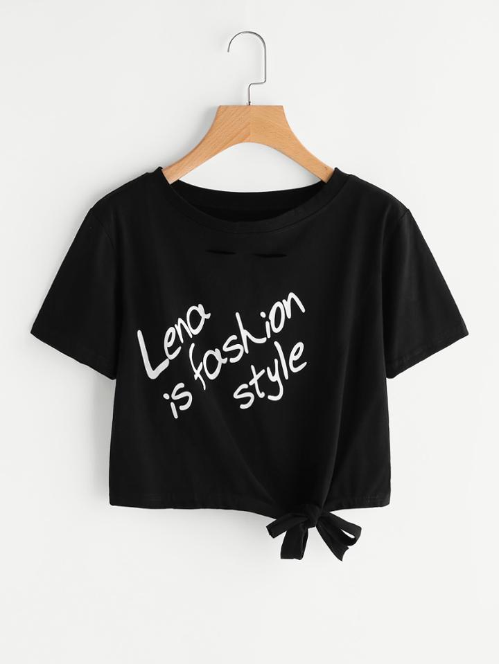 Shein Slogan Print Ripped Knotted Hem Crop Tee