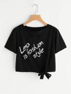 Shein Slogan Print Ripped Knotted Hem Crop Tee