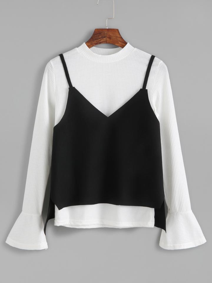 Shein White Mock Neck Bell Sleeve Ribbed Top With Cami Top