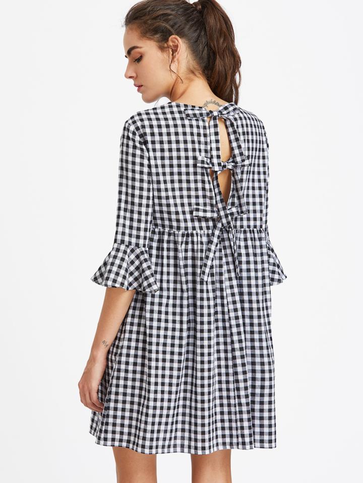 Shein Bow Tie Open Back Fluted Sleeve High Waist Gingham Dress