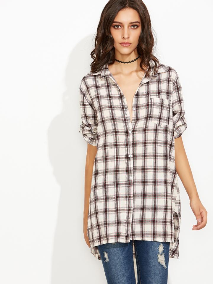 Shein Plaid Roll Tab Sleeve Slit Side Dip Hem Shirt