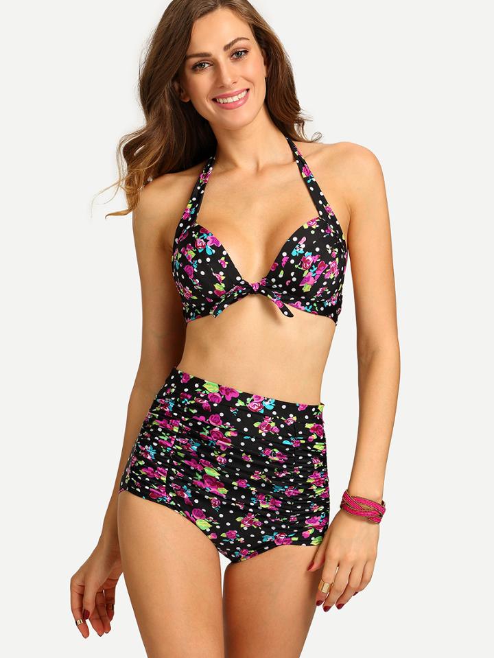 Shein Multicolor Flower & Polka Dot Print Ruched Bikini Set