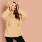 Shein Plus Pocket Patched Zipper Teddy Hoodie With Ears