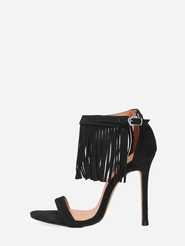 Shein Black Faux Suede Fringe Ankle Strap Heeled Sandals