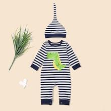 Shein Toddler Boys Cartoon Print Striped Jumpsuit & Hat