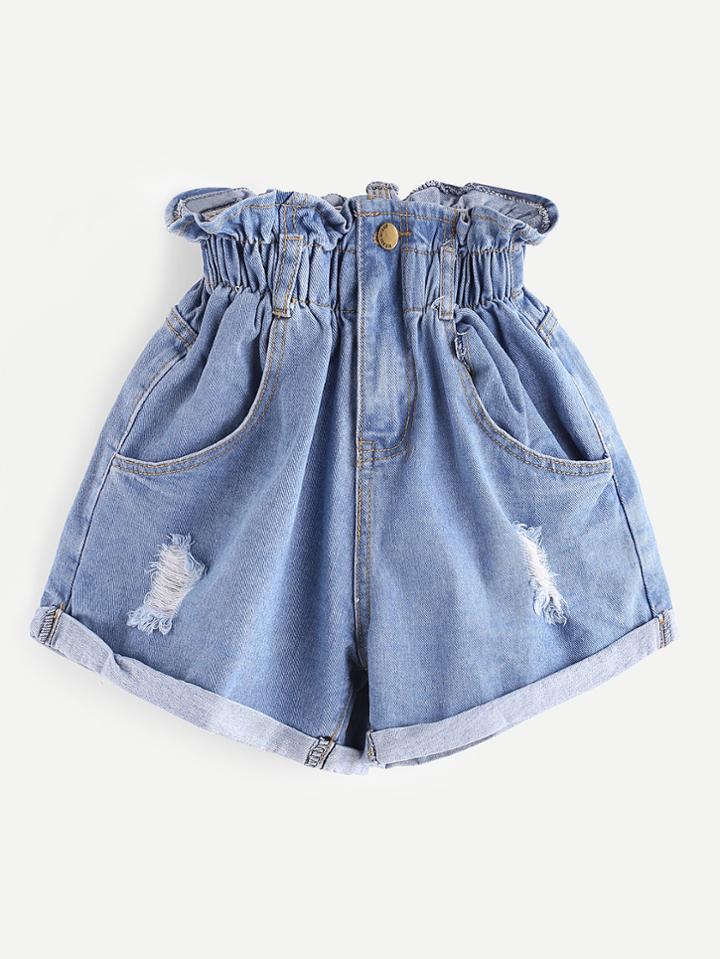 Shein Shirred Frill Trim Ripped Rolled Hem Denim Shorts