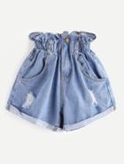 Shein Shirred Frill Trim Ripped Rolled Hem Denim Shorts