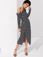 Shein Foldover Knot Asymmetric Shoulder Polka Dot Dress