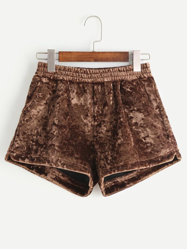 Shein Khaki Elastic Waist Velvet Shorts