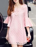 Shein Pink Bell Sleeve Flowers Hollow Dress