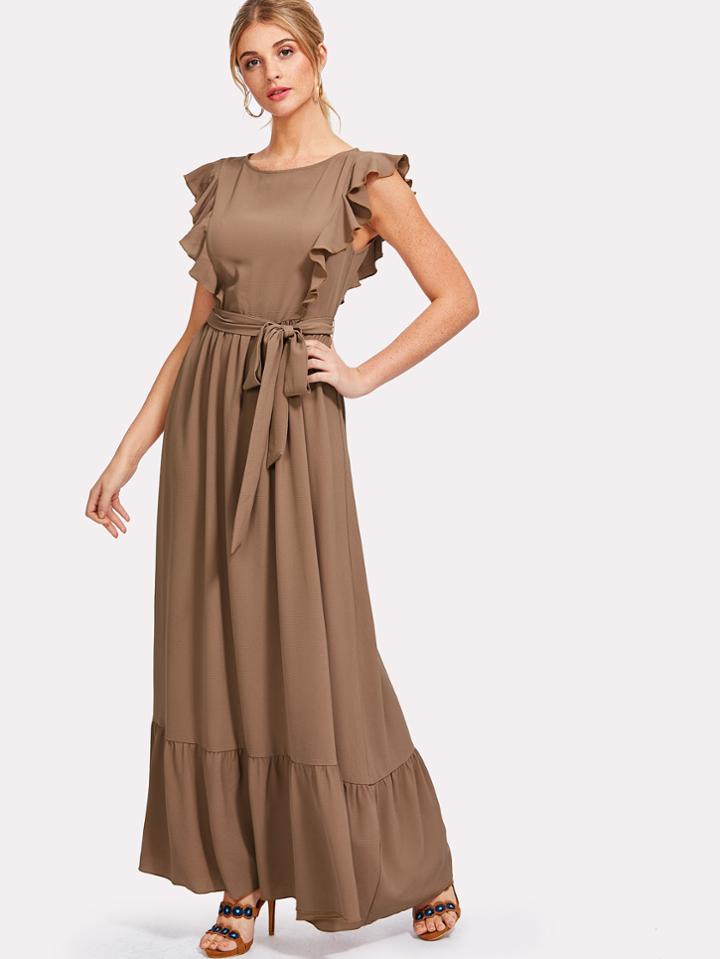 Shein Ruffle Shoulder And Hem Self Belted Dress