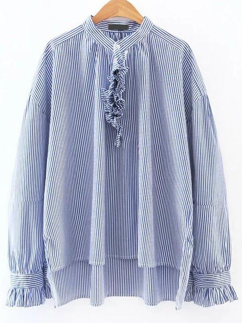 Shein Blue Contrast Striped Ruffle Trim Blouse