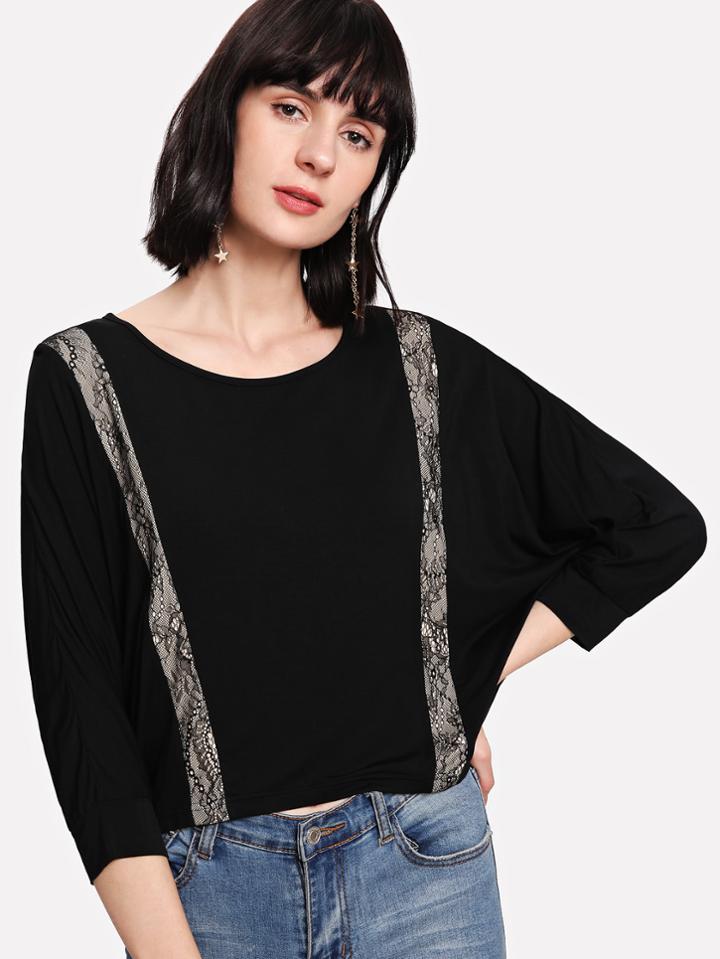 Shein Lace Insert Dolman Sleeve High Low Tee