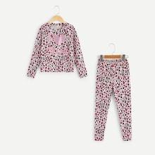 Shein Girls Leopard Print Tee & Pants Pj Set