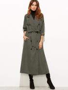 Shein Olive Green Double Breasted Drawstring Waist Trench Coat