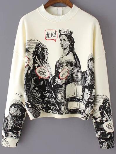 Shein Beige Long Sleeve Statue Patterns Print Gothic Thanksgiving Carnival Crop Sweatshirt