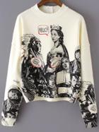 Shein Beige Long Sleeve Statue Patterns Print Gothic Thanksgiving Carnival Crop Sweatshirt