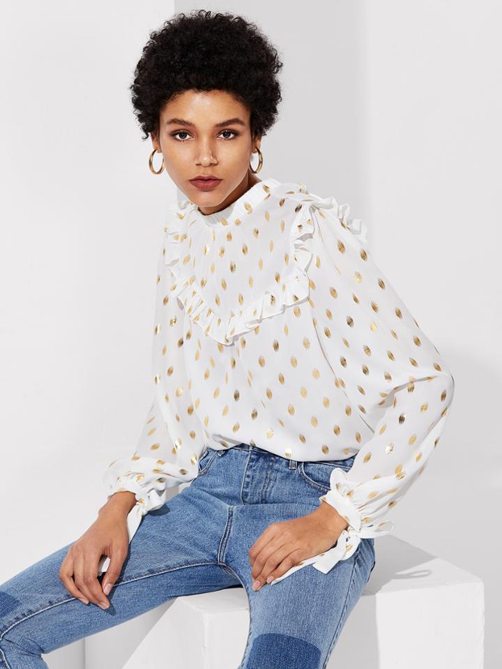 Shein Tie Back And Cuff Gold Dot Print Top