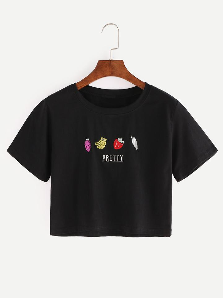 Shein Fruit Embroidered Crop T-shirt - Black