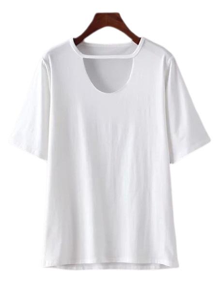 Shein Beige Round Neck Cut Out Casual T-shirt