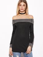 Shein Contrast Ribbed Trim Off The Shoulder Zipper Sweatshirt