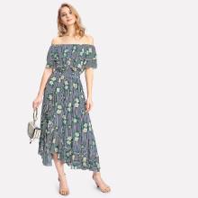 Shein Mixed Print Tiered Ruffle Bardot Dress