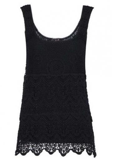Rosewe Chic Scoop Sleeve Open Back Lace Vest Black