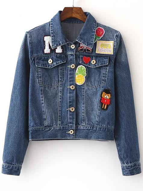 Shein Blue Lapel Pockets Buttons Front Patch Denim Jacket