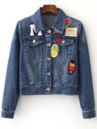 Shein Blue Lapel Pockets Buttons Front Patch Denim Jacket
