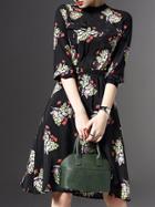 Shein Black Elastic-waist Print A-line Dress