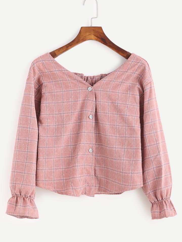 Shein Plaid Bell Cuff Button Front Blouse