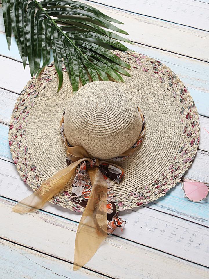 Shein Beige Textured Wide Brim Sunhat With Bow Tie