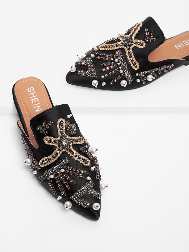 Shein Rhinestone & Faux Pearl Detail Satin Flats