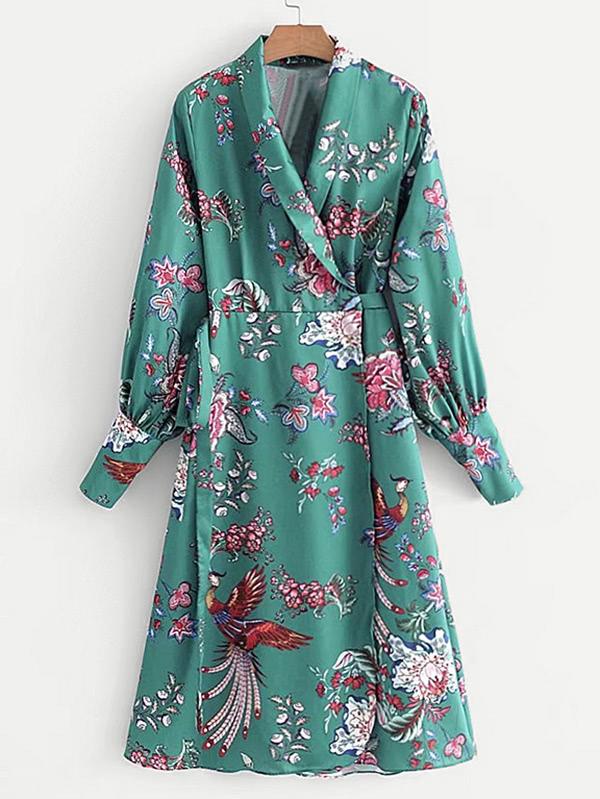 Shein Shawl Collar Self Tie Wrap Dress