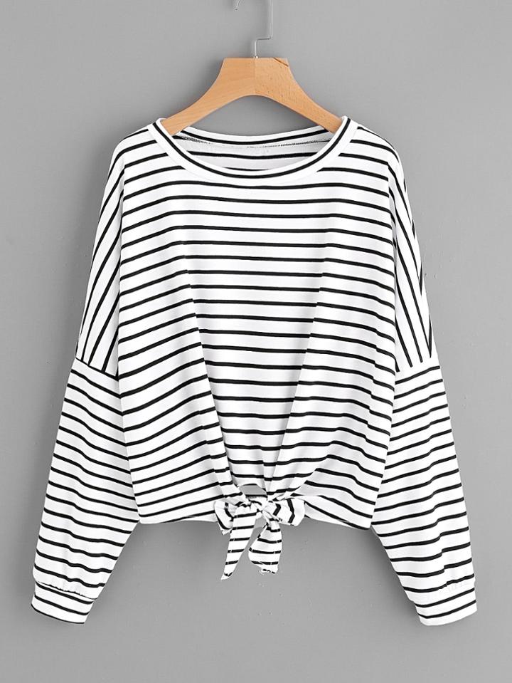 Shein Striped Tie Front Drop Shoulder Tee