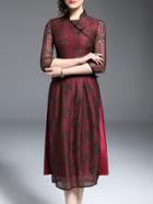 Shein Red Flowers Embroidered Lace Dress
