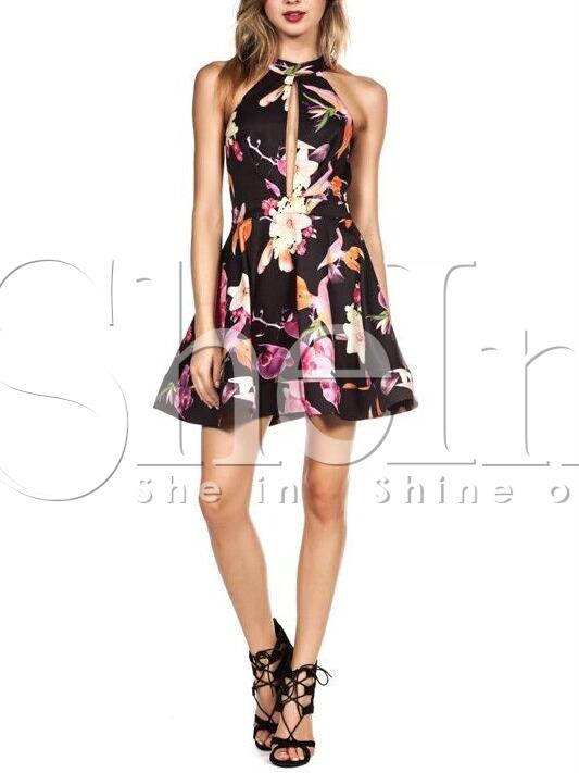 Shein Black Sleeveless Cut Out Floral Flare Dress