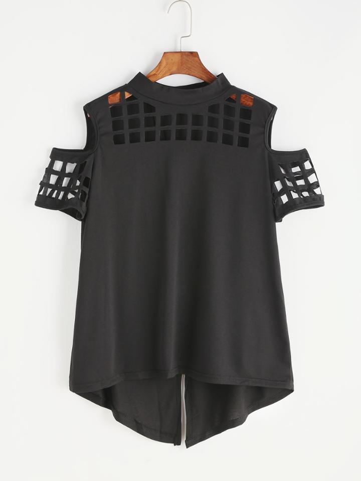 Shein Black Open Shoulder Laser Cut Out Split Back T-shirt