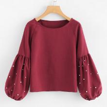 Shein Pearl Beaded Bishop Sleeve Blouse