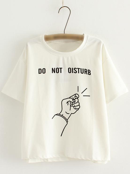 Shein White Short Sleeve Letters One Hand Print T-shirt
