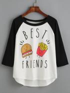 Shein White Print Raglan Sleeve High Low T-shirt