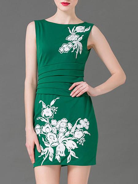 Shein Green Crew Neck Embroidered Ruched Sheath Dress