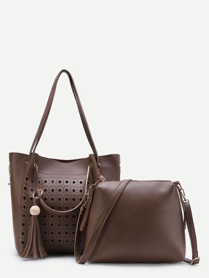 Shein Tassel Detail Hollow Out Tote Bag With Shoulder Bag