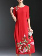 Shein Red Crew Neck Flowers Embroidered Dress