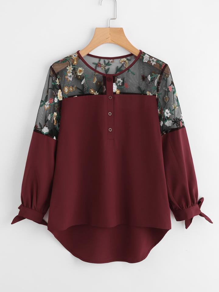 Shein Embroidered Lace Panel Dip Hem Tie Cuff Blouse