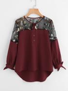 Shein Embroidered Lace Panel Dip Hem Tie Cuff Blouse