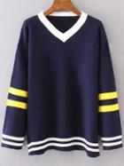 Shein Navy Striped Trim Contrast V Neck Sweater