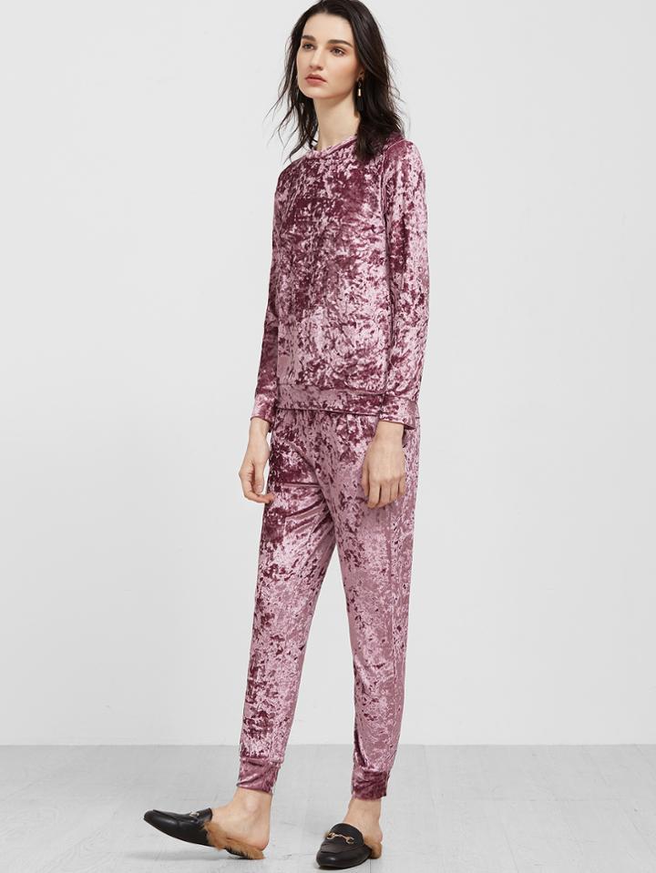 Shein Purple Long Sleeve Velvet Sweatshirt With Pants