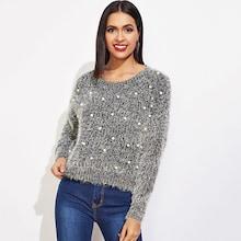 Shein Pearl Beaded Fuzzy Jumper