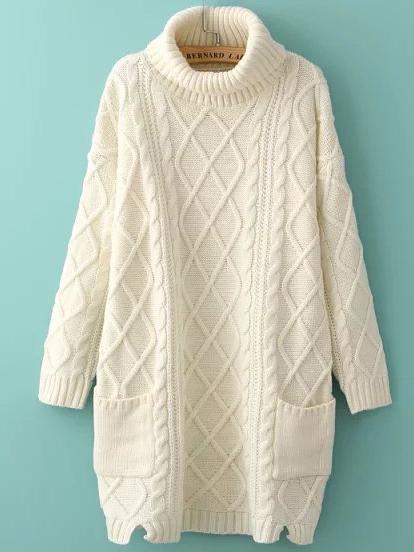 Shein Beige High Neck Diamond Patterned Pockets Sweater